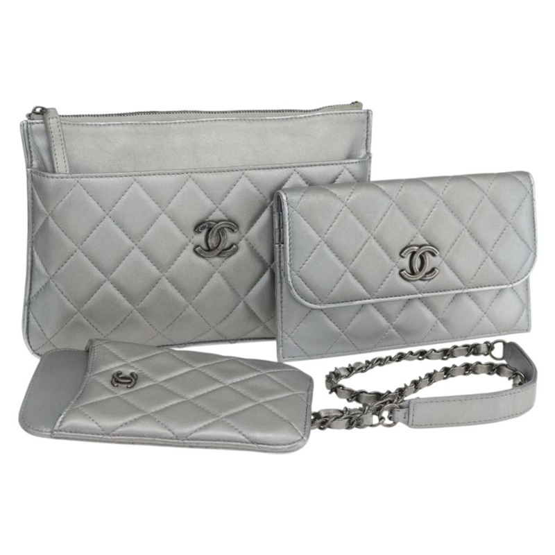 【日本直送】香奈兒 (CHANEL) 絎縫鏈條單肩包，羊皮材質，銀色，CC標誌，正品編號 157631SAM-0