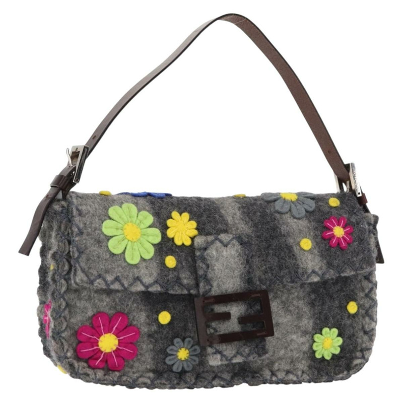 【日本直送】FENDI Floral Mamma Baguette 單肩包，毛氈材質，灰色/銀色，正品編號 157450SM-0