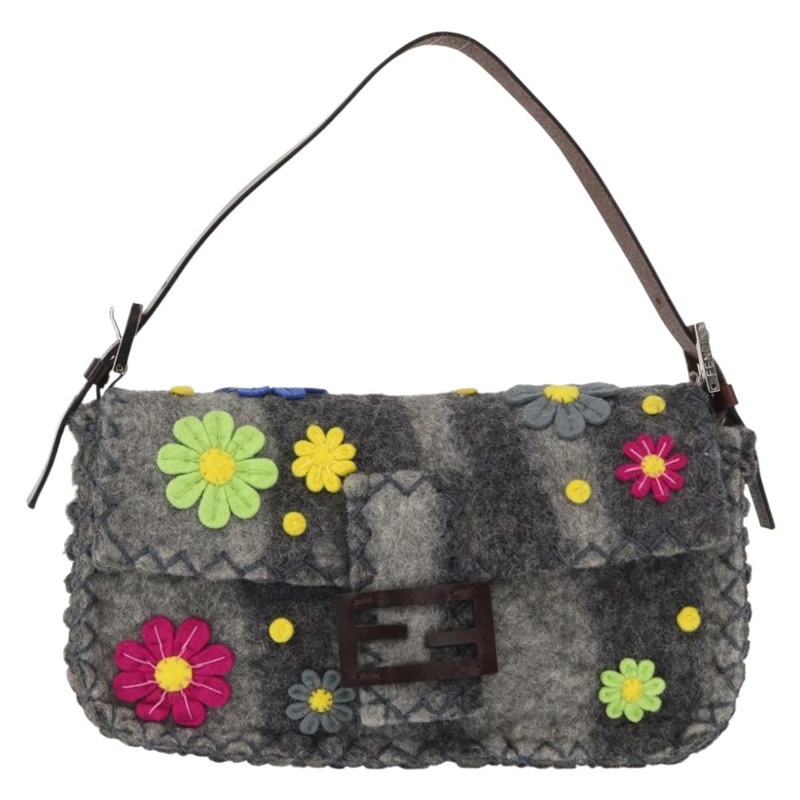 【日本直送】FENDI Floral Mamma Baguette 單肩包，毛氈材質，灰色/銀色，正品編號 157450SM-12