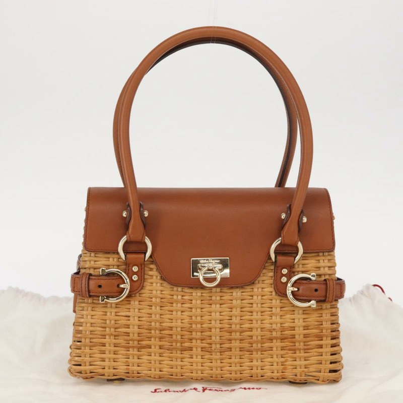 【日本直送】Salvatore Ferragamo Gancini 手提包 藤編 米色 金色 正品 157646SAV-11