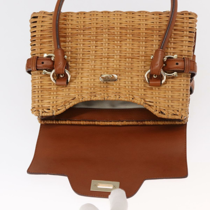 【日本直送】Salvatore Ferragamo Gancini 手提包 藤編 米色 金色 正品 157646SAV-17