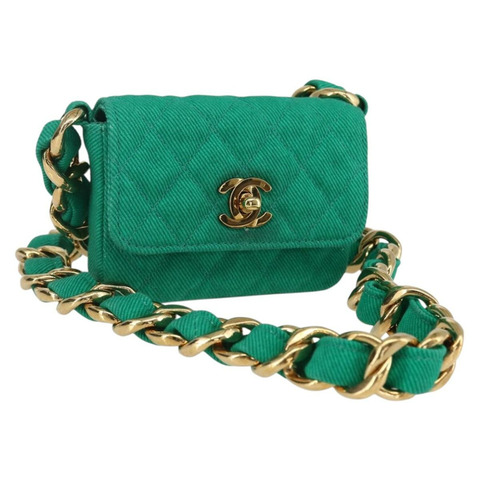 香奈兒 (CHANEL) 鏈條迷你絎縫 11 肩背包 帆布 綠色 金色 CC 標誌 正品 158908SM