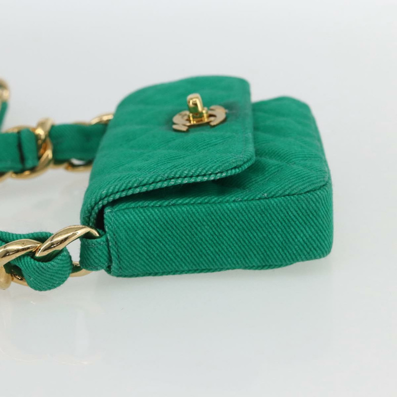 【日本直送】香奈兒 (CHANEL) 鏈條迷你絎縫 11 肩背包 帆布 綠色 金色 CC 標誌 正品 158908SM-2