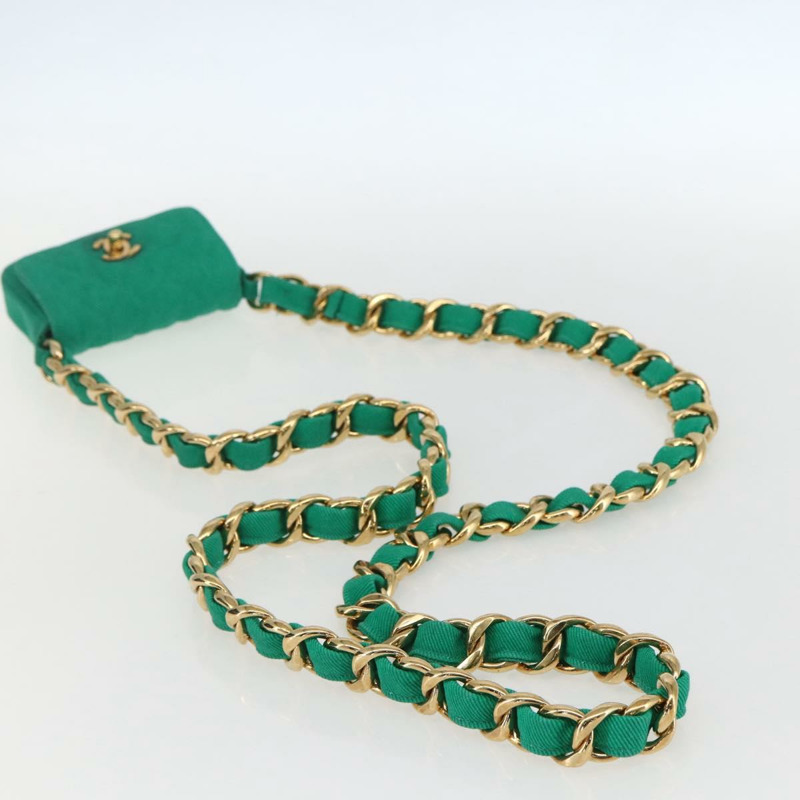 【日本直送】香奈兒 (CHANEL) 鏈條迷你絎縫 11 肩背包 帆布 綠色 金色 CC 標誌 正品 158908SM-6