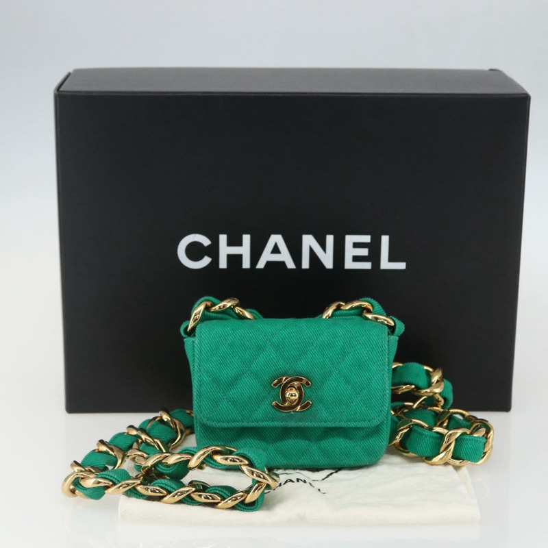 【日本直送】香奈兒 (CHANEL) 鏈條迷你絎縫 11 肩背包 帆布 綠色 金色 CC 標誌 正品 158908SM-11