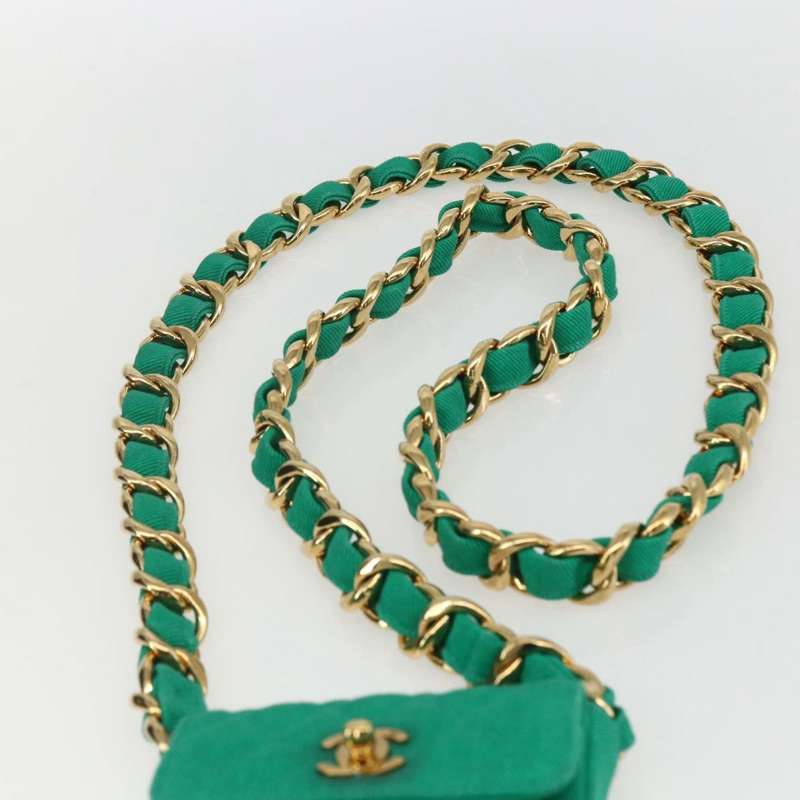 【日本直送】香奈兒 (CHANEL) 鏈條迷你絎縫 11 肩背包 帆布 綠色 金色 CC 標誌 正品 158908SM-13
