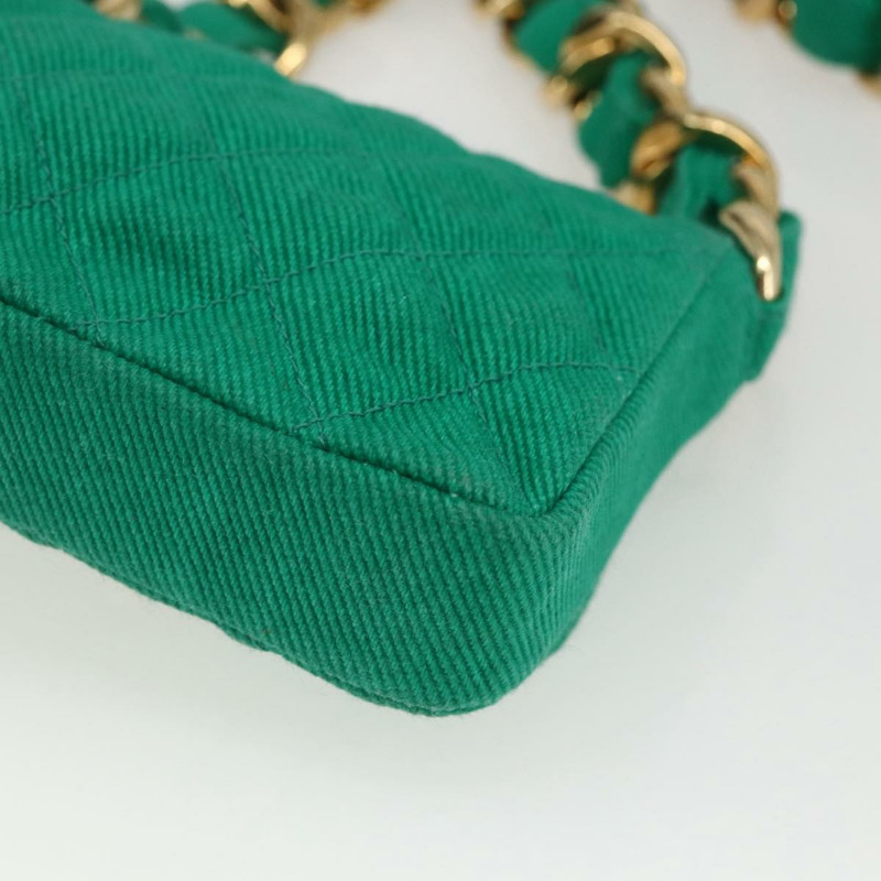 【日本直送】香奈兒 (CHANEL) 鏈條迷你絎縫 11 肩背包 帆布 綠色 金色 CC 標誌 正品 158908SM-15