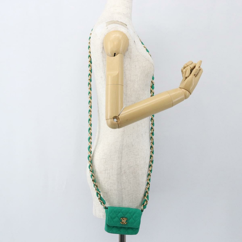 【日本直送】香奈兒 (CHANEL) 鏈條迷你絎縫 11 肩背包 帆布 綠色 金色 CC 標誌 正品 158908SM-20