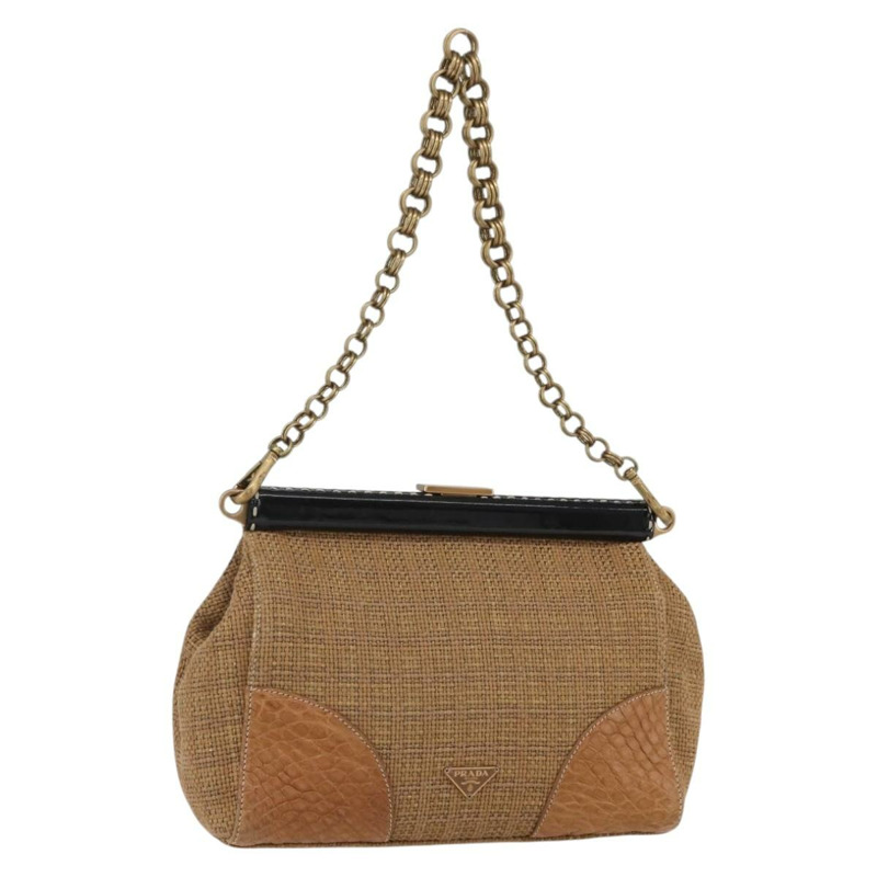 【日本直送】PRADA 鏈條肩背包 拉菲草 米色 金色 正品 158888SAV-0