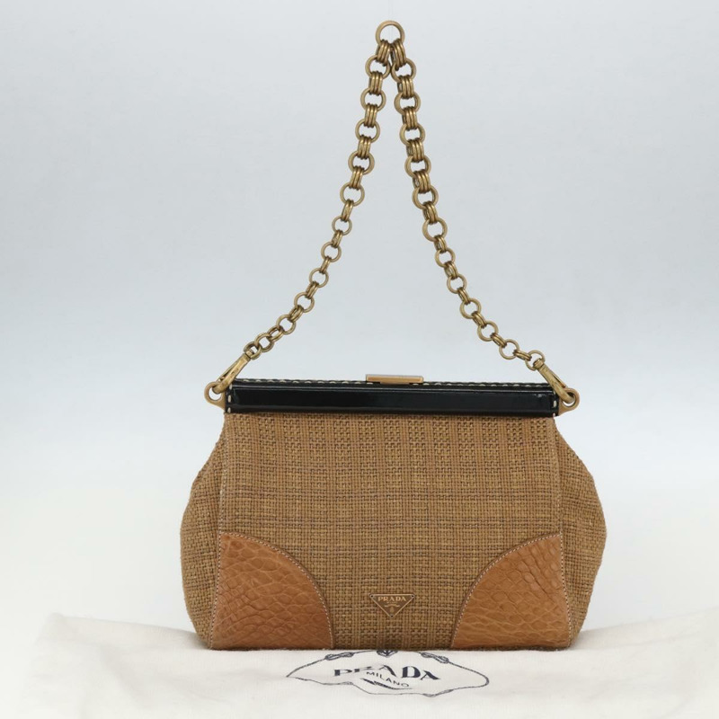 【日本直送】PRADA 鏈條肩背包 拉菲草 米色 金色 正品 158888SAV-11