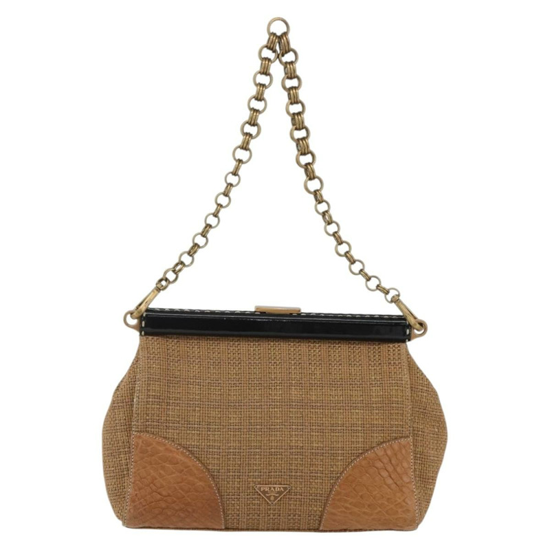【日本直送】PRADA 鏈條肩背包 拉菲草 米色 金色 正品 158888SAV-12