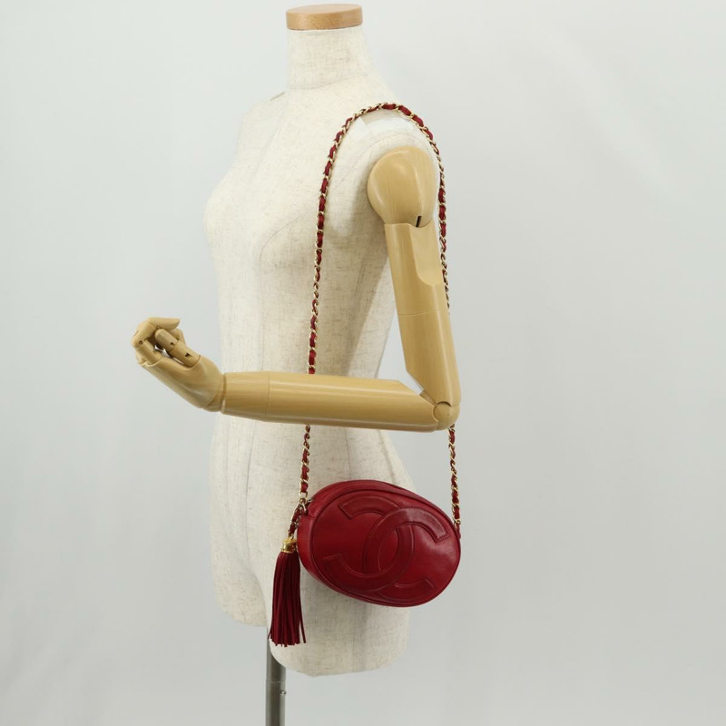 【日本直送】香奈兒鏈條單背包，羊皮材質，紅色，金色雙C標誌，正品編號158878V-23