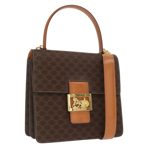 CELINE Macadam帆布馬車包 PVC皮革 2way Brown Gold Auth 160833A