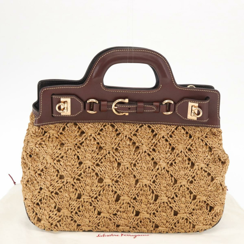 【日本直送】Salvatore Ferragamo Gancini 手提包 拉菲草棕色金色 正品 159234V-11