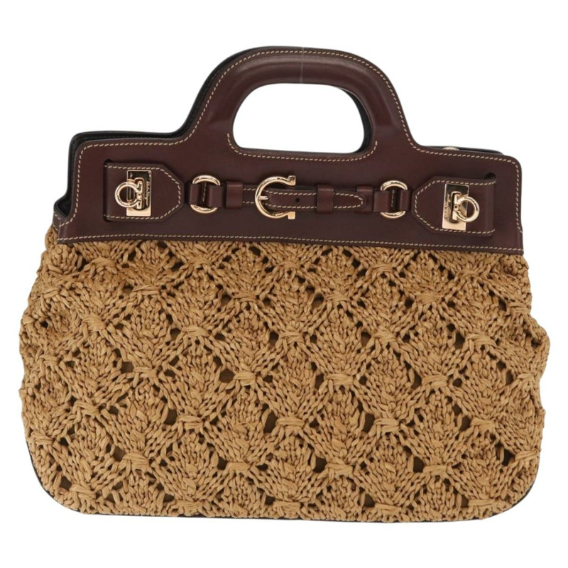 【日本直送】Salvatore Ferragamo Gancini 手提包 拉菲草棕色金色 正品 159234V-12