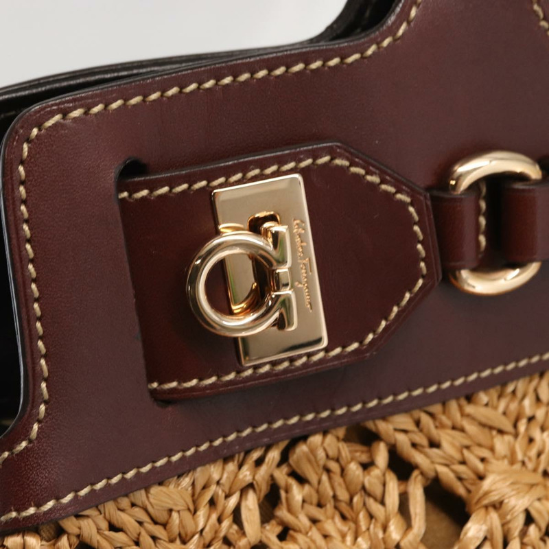 【日本直送】Salvatore Ferragamo Gancini 手提包 拉菲草棕色金色 正品 159234V-18