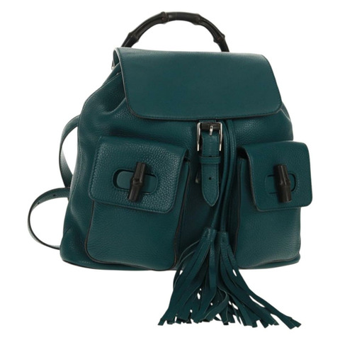 GUCCI 竹節雙肩包 皮革 綠色 銀色 370833 正品 159026V