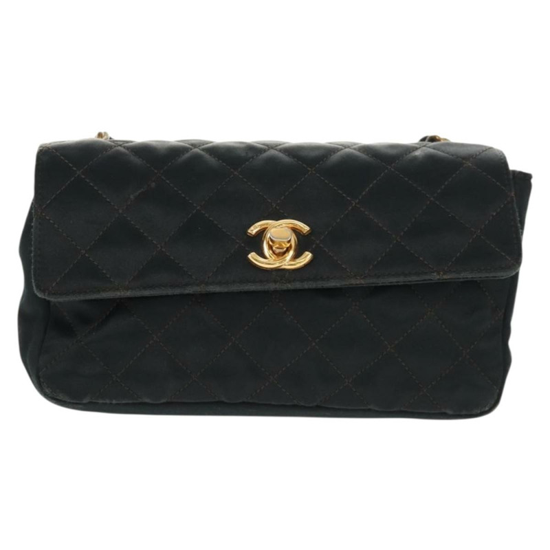 【日本直送】香奈兒迷你絎縫18鏈條肩背包，緞面黑色，金色雙C標誌，正品編號159010V-12