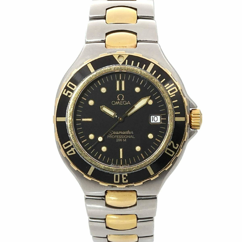 歐米茄海馬系列專業200公尺雙色男士腕錶，型號396 1042，附日期顯示，黑色/黃金錶盤，石英機芯-0
