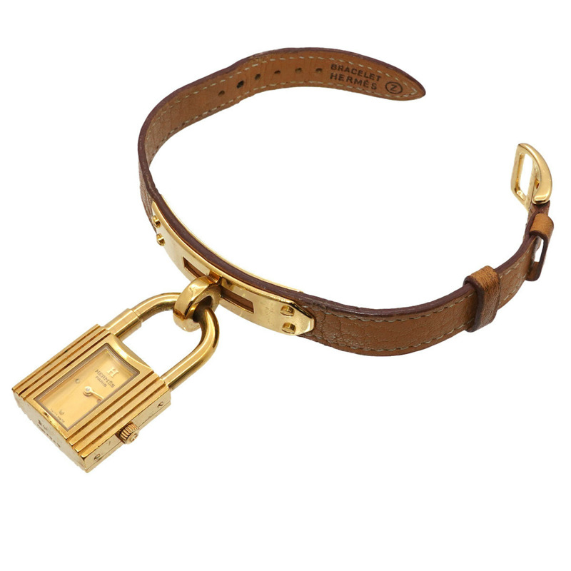 愛馬仕 Kelly 女士腕錶，金色棕色石英錶殼，帶 Cadena 錶帶-4