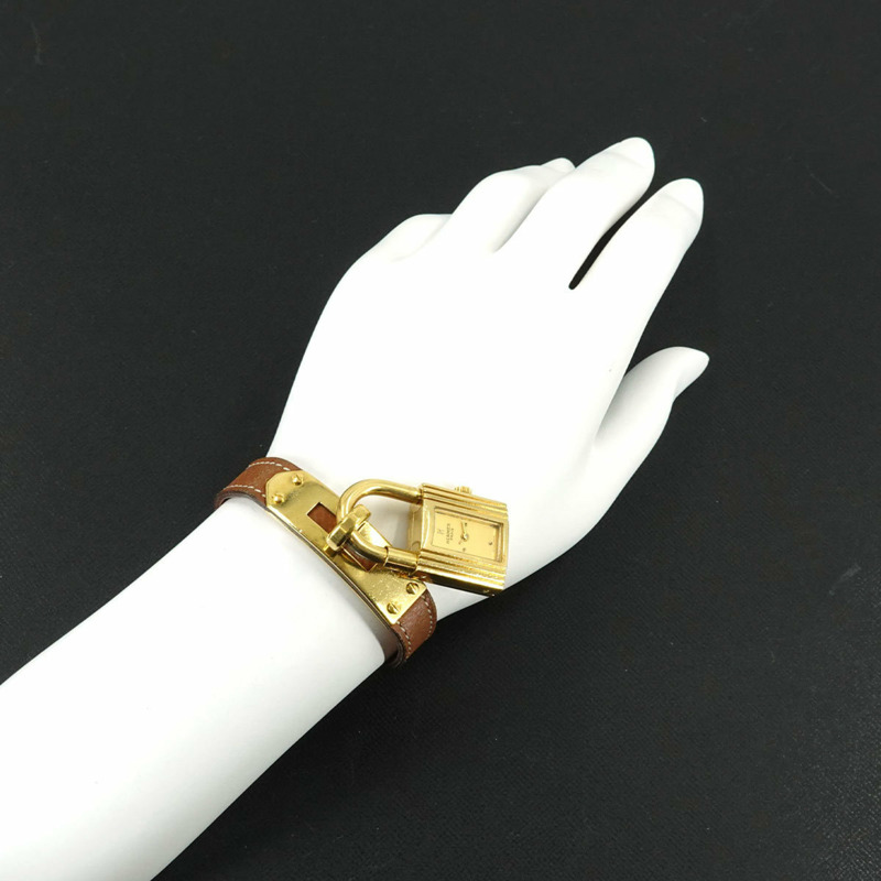 愛馬仕 Kelly 女士腕錶，金色棕色石英錶殼，帶 Cadena 錶帶-2