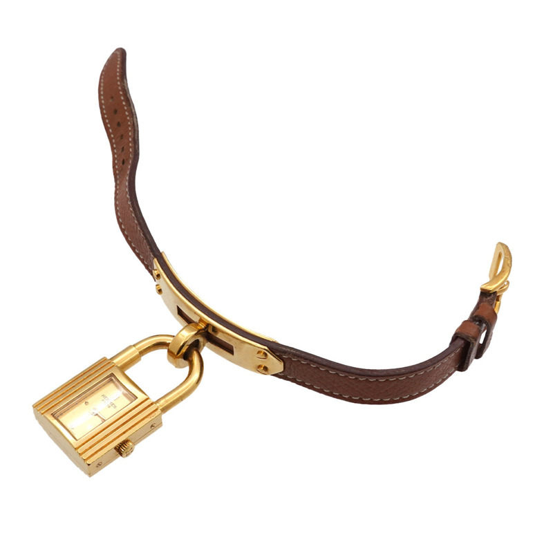 愛馬仕 Kelly 女士腕錶，金色棕色石英錶殼，帶 Cadena 錶帶-3