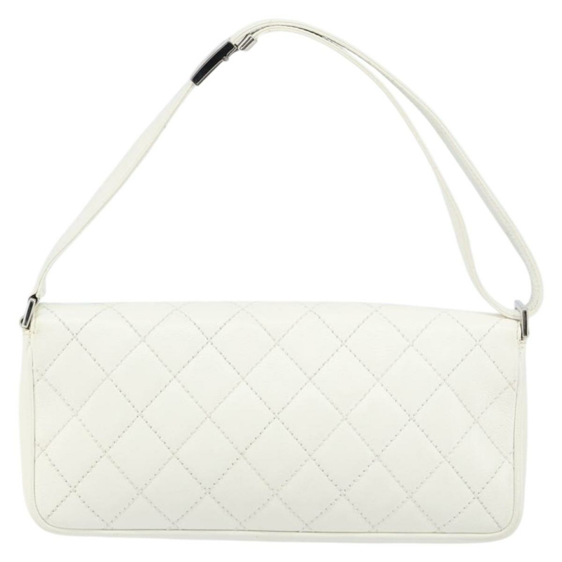 【日本直送】香奈兒 (CHANEL) 菱格紋鏈條肩背包，魚子醬紋皮革，白色，銀色，CC標誌，正品 am10305V-1