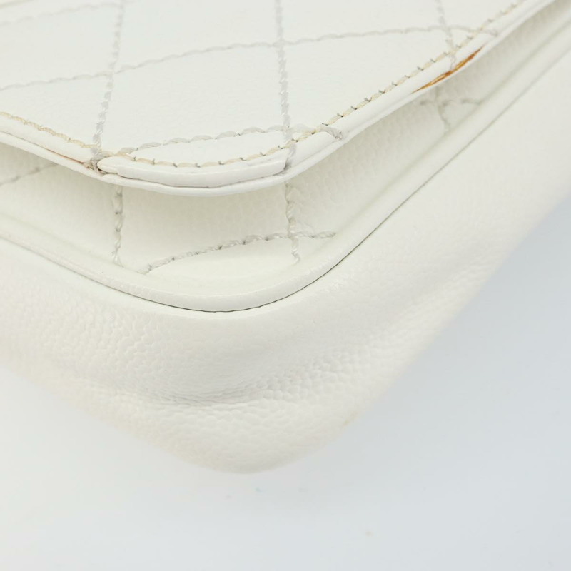 【日本直送】香奈兒 (CHANEL) 菱格紋鏈條肩背包，魚子醬紋皮革，白色，銀色，CC標誌，正品 am10305V-7