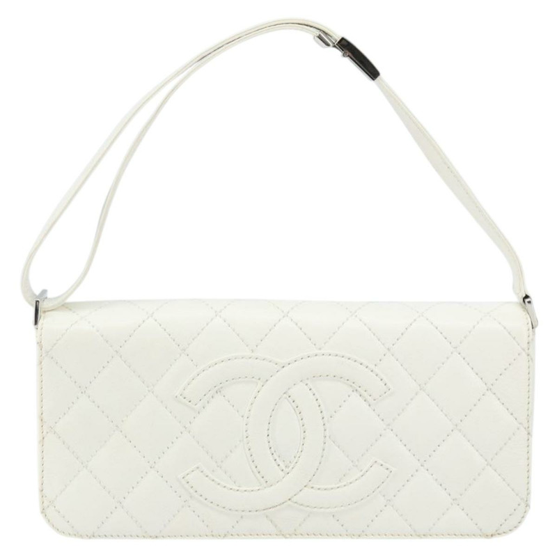【日本直送】香奈兒 (CHANEL) 菱格紋鏈條肩背包，魚子醬紋皮革，白色，銀色，CC標誌，正品 am10305V-12