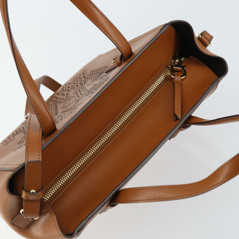 【日本直送】Salvatore Ferragamo 小馬手提包 皮革 2way 棕色金色 Auth am10260V-5