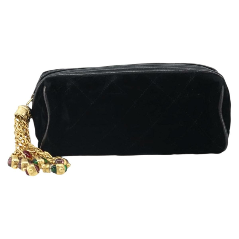 【日本直送】香奈兒 (CHANEL) Matelasse 絨面手拿包 黑色 金色 CC 標誌 Auth 161194V-12