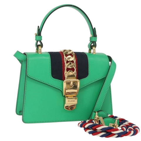 GUCCI Silvi Sherry Line 手袋 皮革 兩用 綠色/金色 470270 正品 161142M