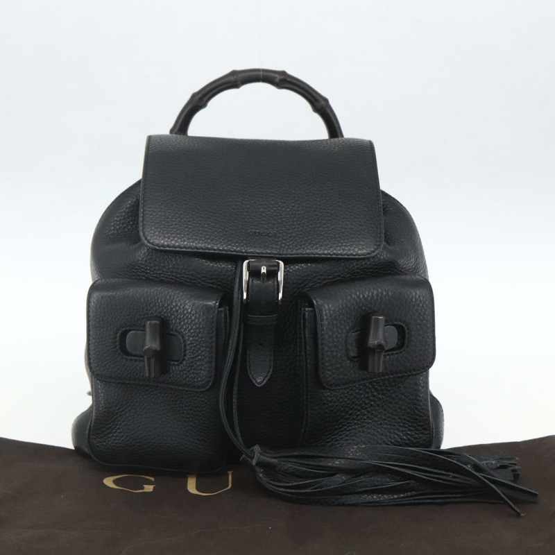 【日本直送】GUCCI 竹節流蘇雙肩包 皮革 黑色 金色 370833 正品 am10189V-11