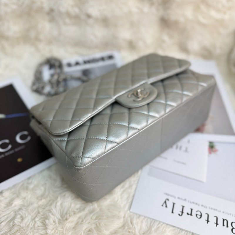 Chanel CLASSIC FLAP 雙蓋 銀色 菱格紋 牛皮 大號Jumbo 做舊銀扣-3