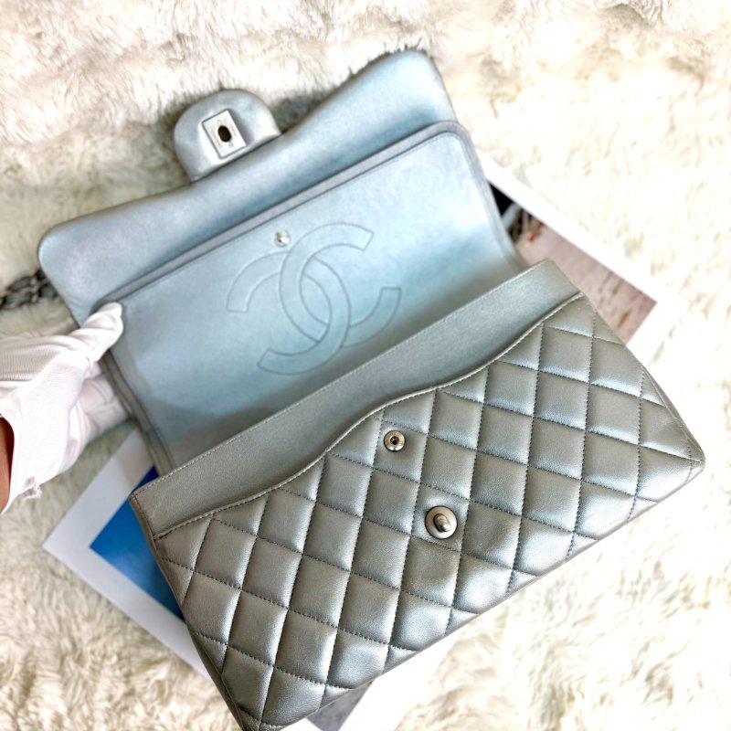 Chanel CLASSIC FLAP 雙蓋 銀色 菱格紋 牛皮 大號Jumbo 做舊銀扣-5