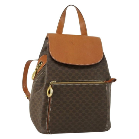 CELINE Macadam帆布雙肩包 PVC皮革 棕色 金色 正品 ka1291A