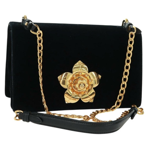 PRADA 鏈條肩背包 絲絨 黑色 金色 正品 159877SAV