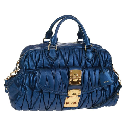 Miu Miu Matelasse 手提包 皮革 2way Blue Gold Auth 159908SAV