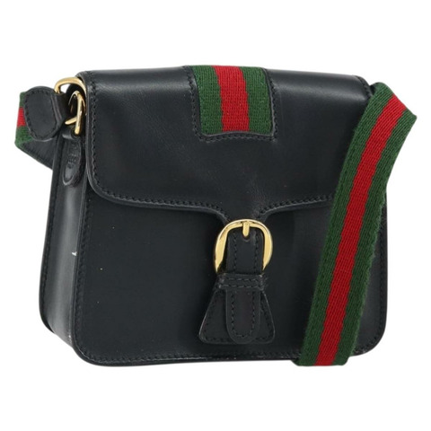 GUCCI Web Sherry Line 單肩包 皮革 黑色 紅色 007 1274 0230 Auth 162391