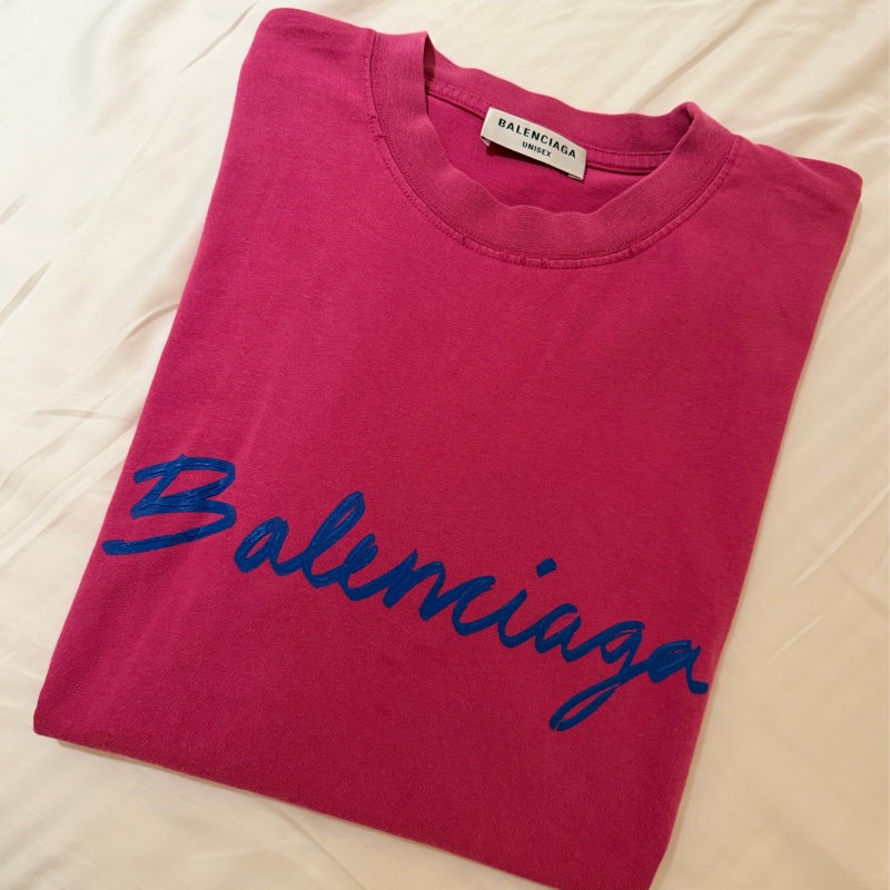 99成新 ｜BALENCIAGA 桃紅X藍 草寫Logo T-shirt 短袖/ S-0