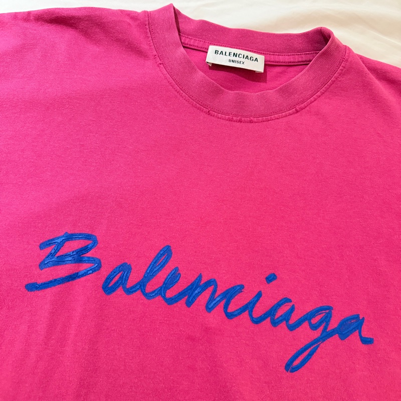 99成新 ｜BALENCIAGA 桃紅X藍 草寫Logo T-shirt 短袖/ S-6