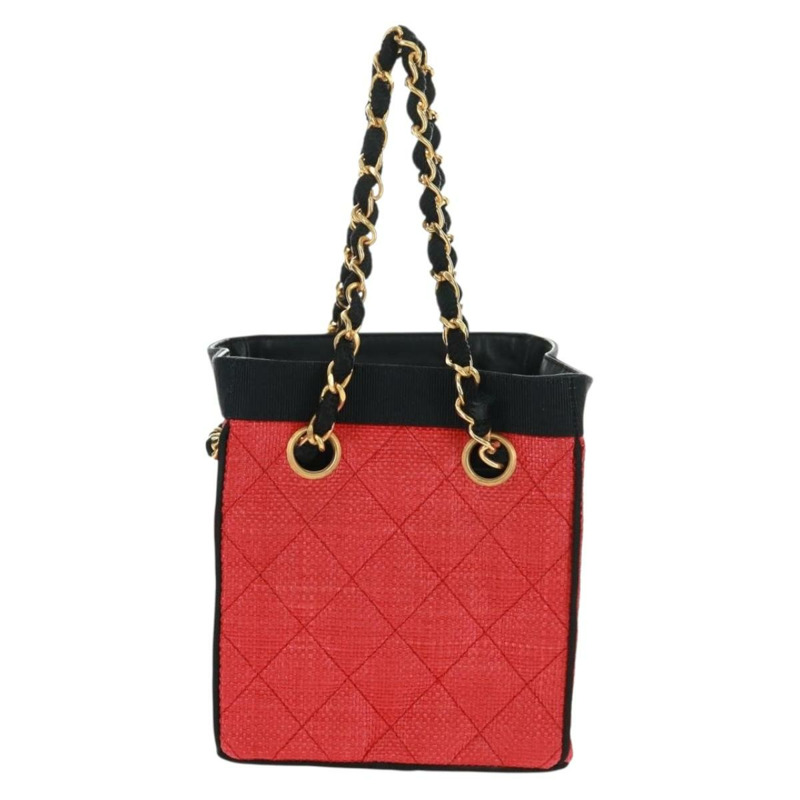 【日本直送】香奈兒鏈手提包 拉菲草 紅色 金色 CC 認證 162896V-1