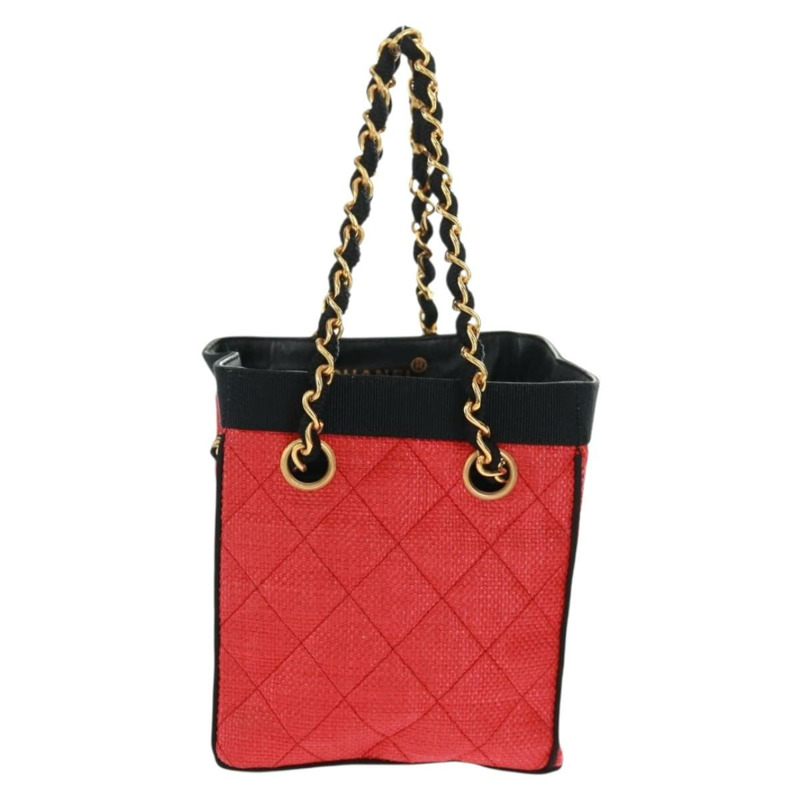 【日本直送】香奈兒鏈手提包 拉菲草 紅色 金色 CC 認證 162896V-12