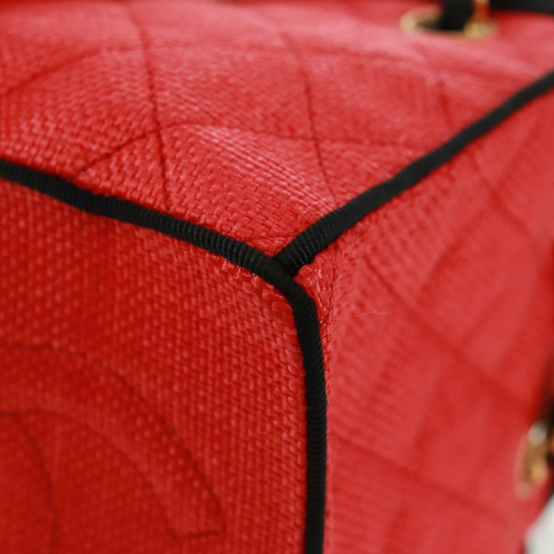 【日本直送】香奈兒鏈手提包 拉菲草 紅色 金色 CC 認證 162896V-14