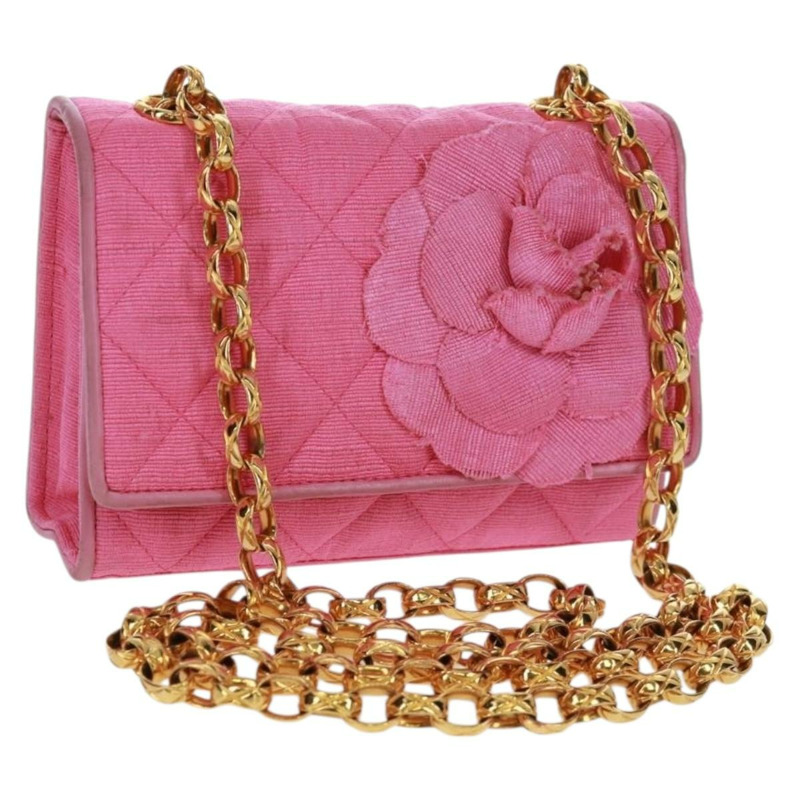 【日本直送】香奈兒 (CHANEL) 絎縫鏈條山茶花單肩包 棉質粉紅金色雙C標誌 Auth 161522V-0