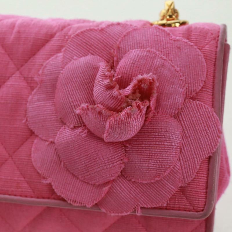 【日本直送】香奈兒 (CHANEL) 絎縫鏈條山茶花單肩包 棉質粉紅金色雙C標誌 Auth 161522V-1