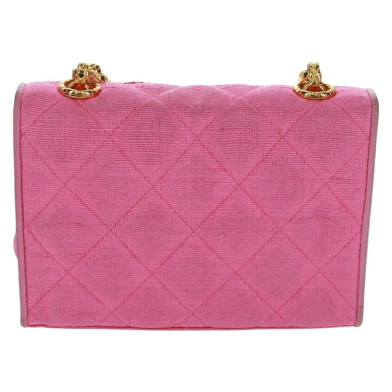 【日本直送】香奈兒 (CHANEL) 絎縫鏈條山茶花單肩包 棉質粉紅金色雙C標誌 Auth 161522V-2