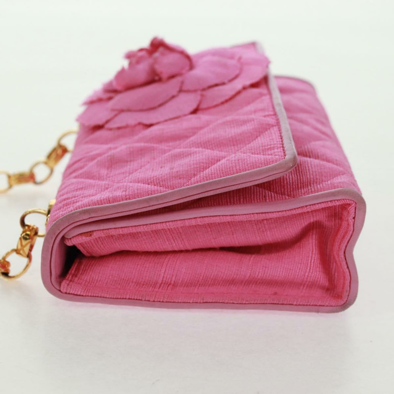 【日本直送】香奈兒 (CHANEL) 絎縫鏈條山茶花單肩包 棉質粉紅金色雙C標誌 Auth 161522V-3