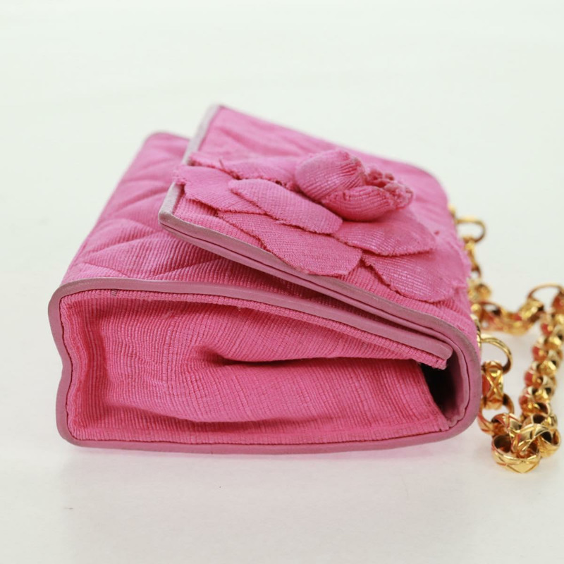 【日本直送】香奈兒 (CHANEL) 絎縫鏈條山茶花單肩包 棉質粉紅金色雙C標誌 Auth 161522V-4