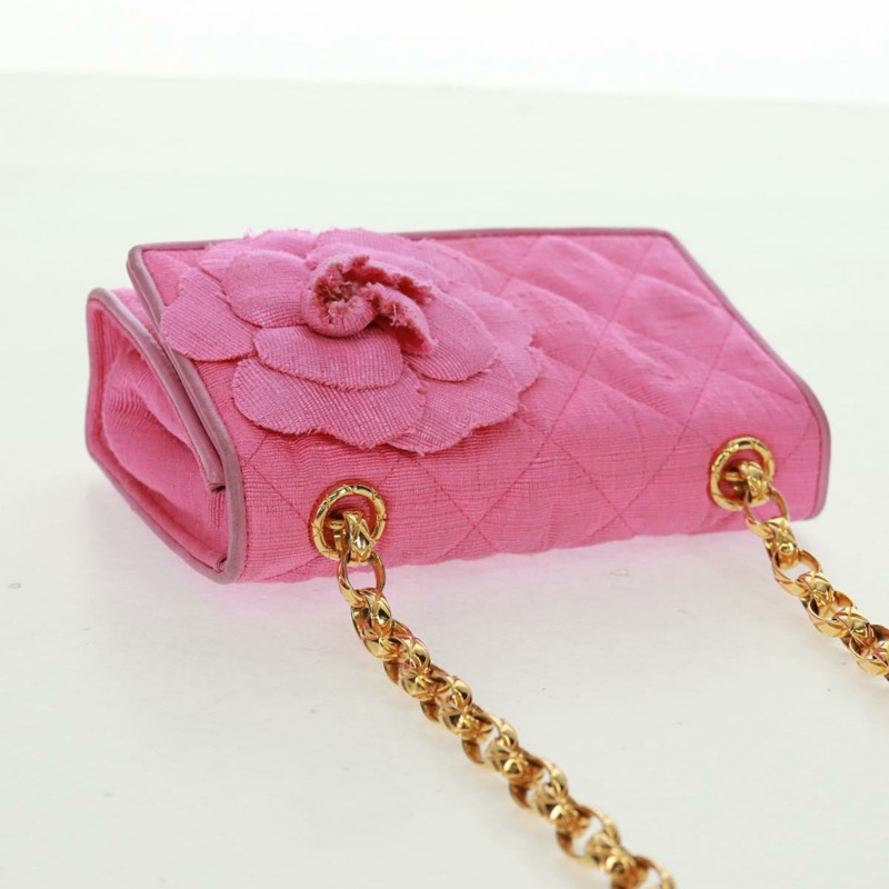【日本直送】香奈兒 (CHANEL) 絎縫鏈條山茶花單肩包 棉質粉紅金色雙C標誌 Auth 161522V-13